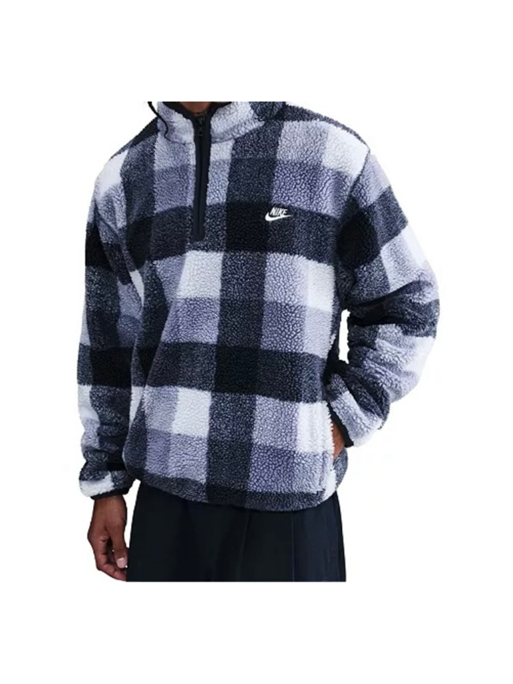 Nike Men's Club Winterized Half-Zip Sweatshirt black white plaid Sherpa medium